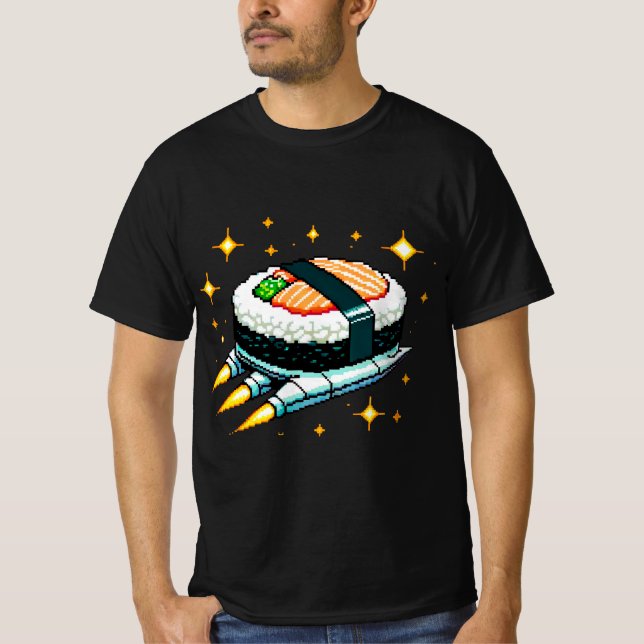 Sushi SpacesHär Pixel Art Flies Sushi Roll Design T Shirt (Framsida)