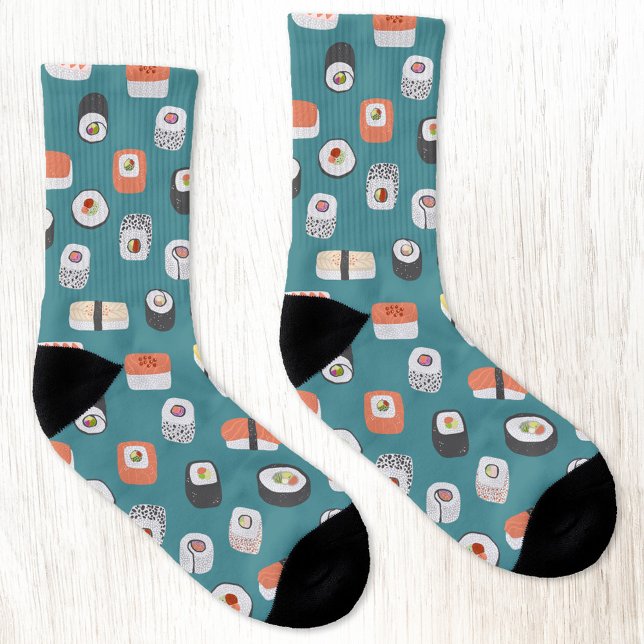 Sushi Strumpor (Japanese sushi food art teal green pattern socks)