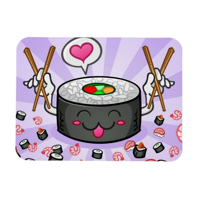 Sushi Tecknade figurer äter massor av räkor Magnet (Horisontell)