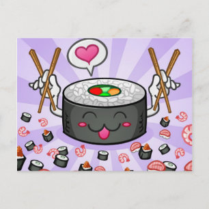 Sushi Tecknade figurer äter massor av räkor Vykort