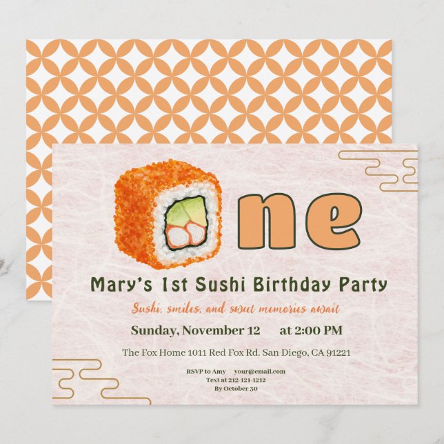 Sushi-Themed 1st Birthday Invitation Inbjudningar (Fram/baksida)