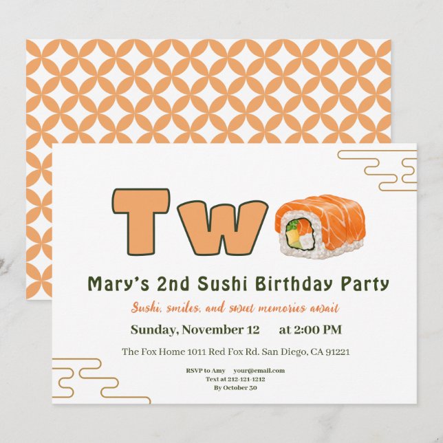  Sushi-Themed 2nd Birthday Invitation Inbjudningar (Fram/baksida)