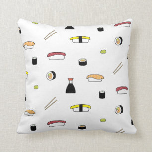 Sushi Thned Mönster Illustrerad vit sushi-uppsät Kudde