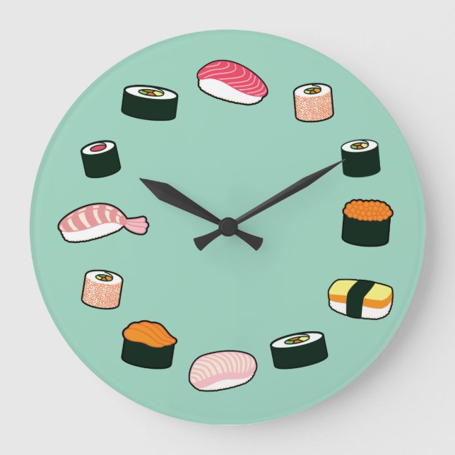 Sushi Time! Vägglås för funky (Mint) Stor Klocka (Framsida)