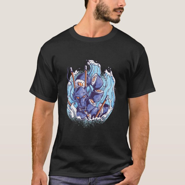 Sushi waves water dragon asian japanese t shirt (Framsida)