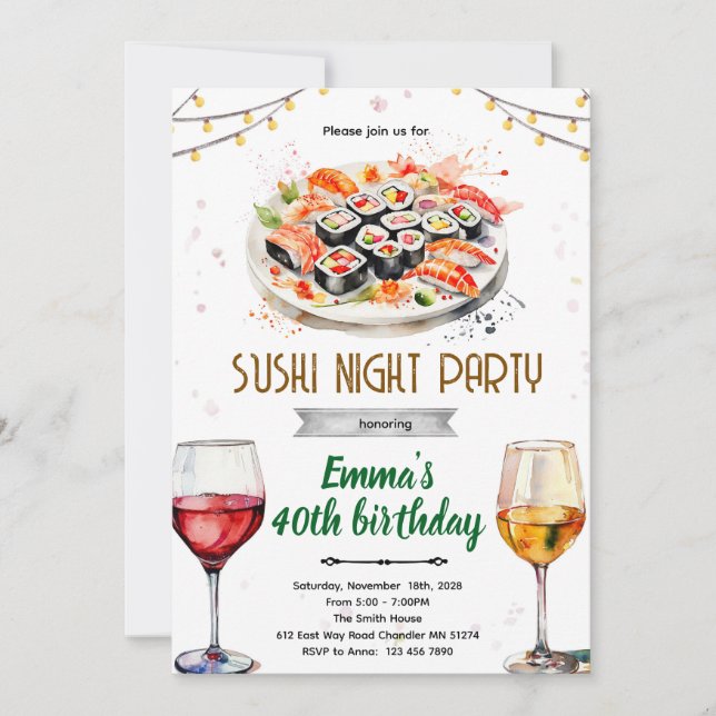 Sushi wine night party invitation inbjudningar (Framsida)