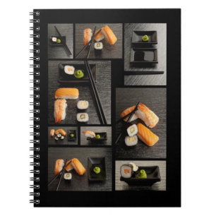 Sushisamling på svart bakgrund anteckningsbok med spiral