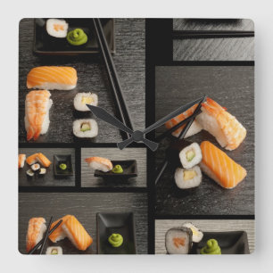Sushisamling på svart bakgrund fyrkantig klocka