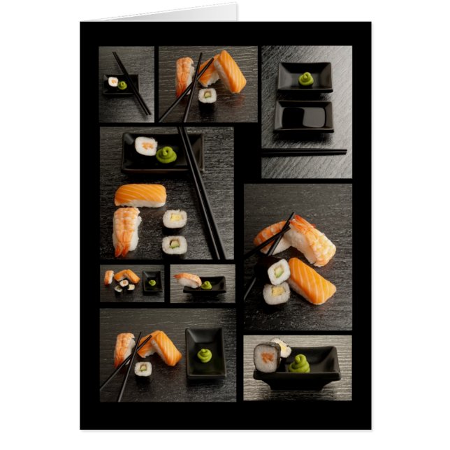 Sushisamling på svart bakgrund hälsningskort (Framsidan)