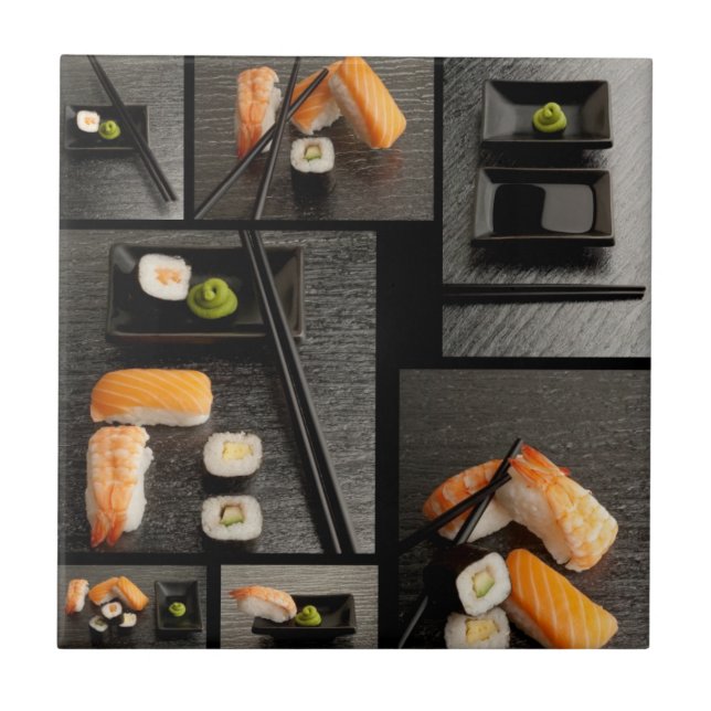 Sushisamling på svart bakgrund kakelplatta (Framsidan)