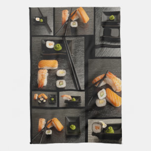 Sushisamling på svart bakgrund kökshandduk