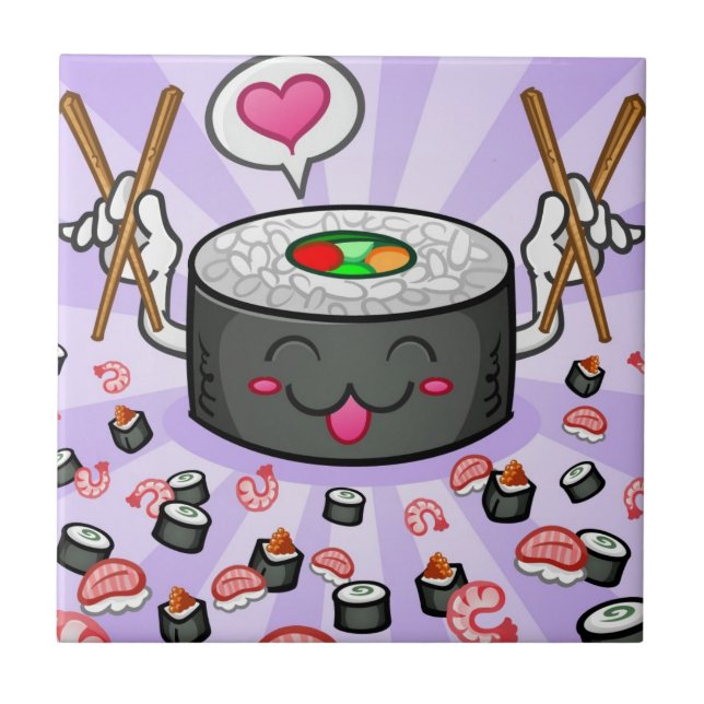 Sushitecknade figurer som äter raddaräkan kakelplatta (Framsidan)