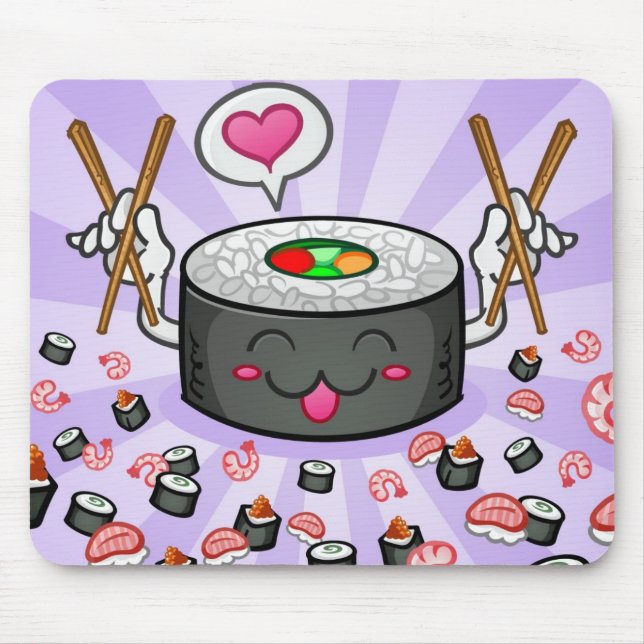 Sushitecknade figurer som äter raddaräkan musmatta (Framsidan)