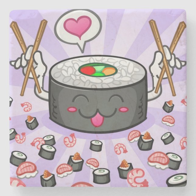 Sushitecknade figurer som äter raddaräkan stenunderlägg (Framsidan)
