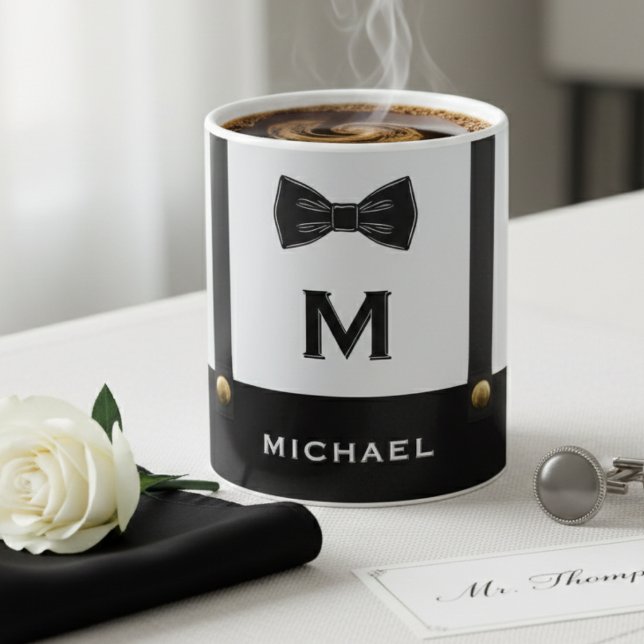 Suspenders & Bowtie Name Monogram Boy  Kaffemugg (Skapare uppladdad)