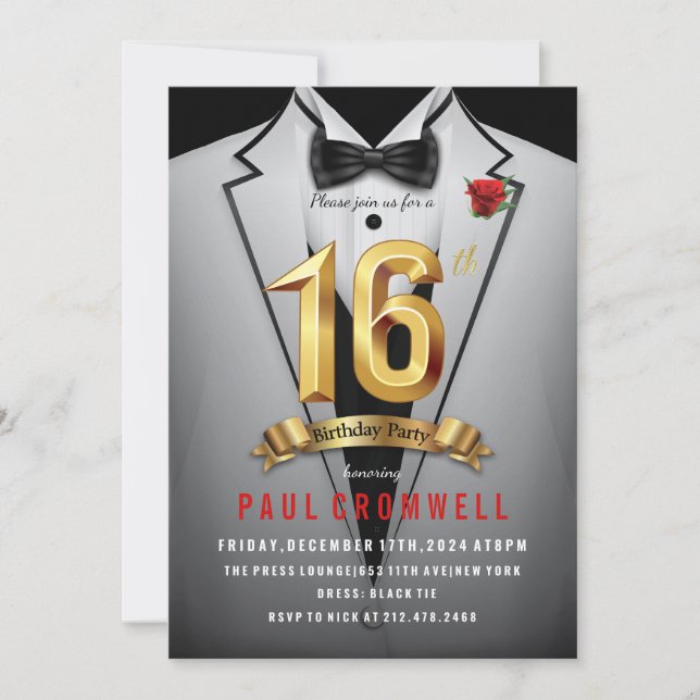 Süß 16 16-årsfest Tuxedo-inbjudan Inbjudningar (Framsida)
