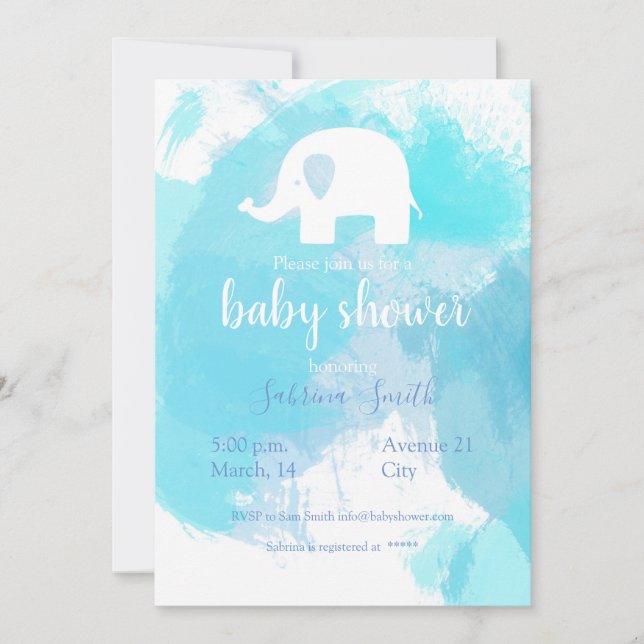 süße Baby Party Einladung blau aquarell Elefant Inbjudningar (Framsida)