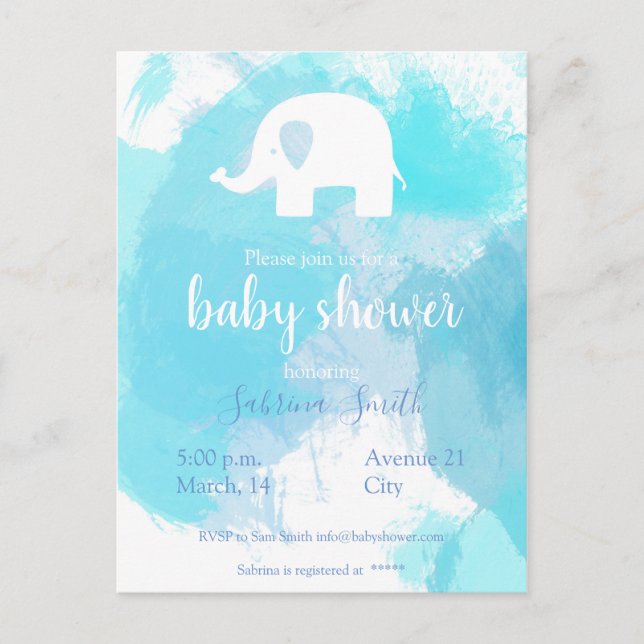 süße Baby Party Einladung blau aquarell Elefant Vykort (Framsida)