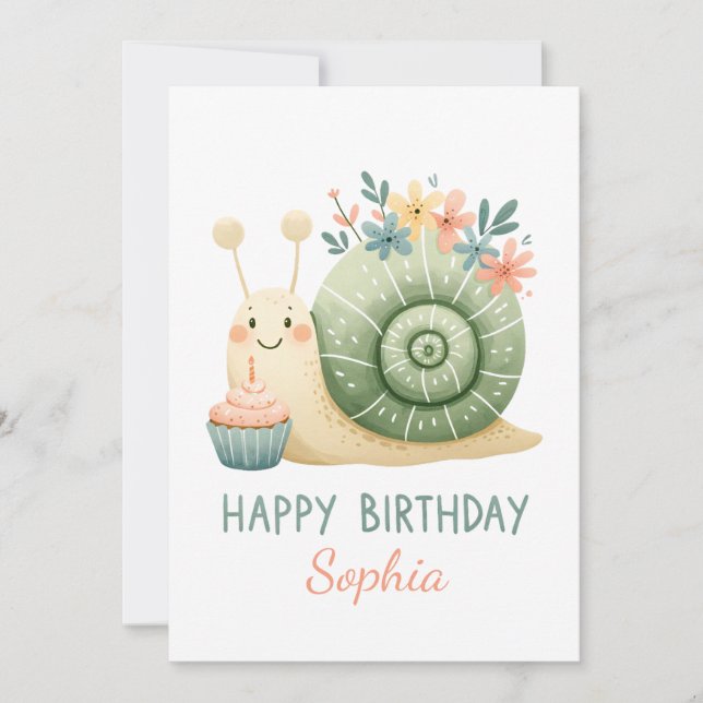Süße Schnecke mit Cupcake- Happy Birthday Inbjudningar (Framsida)