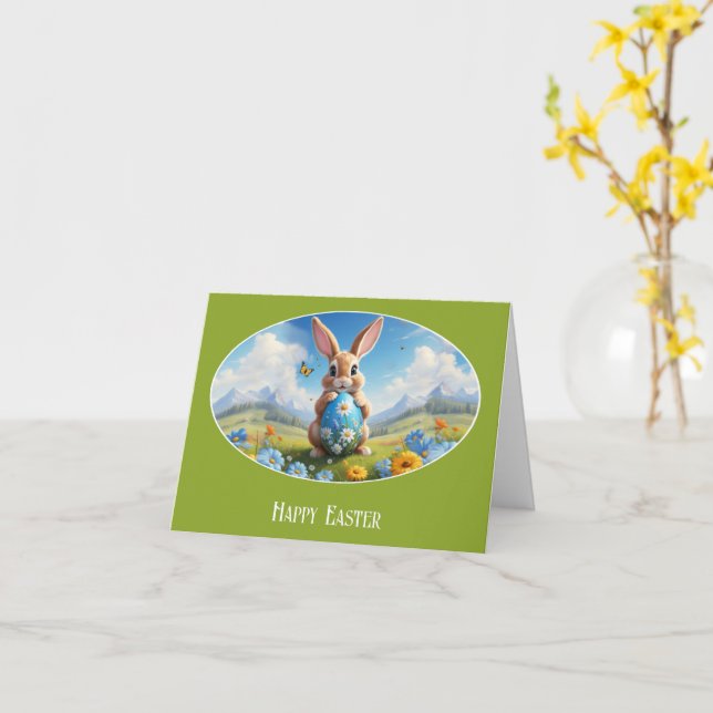 Süßer Osterhase in Landschaft -  Kort (Gul blomma)