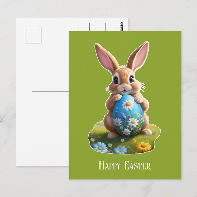 Süßer Osterhase mit einem Osterei -  Vykort (Fram/baksida)