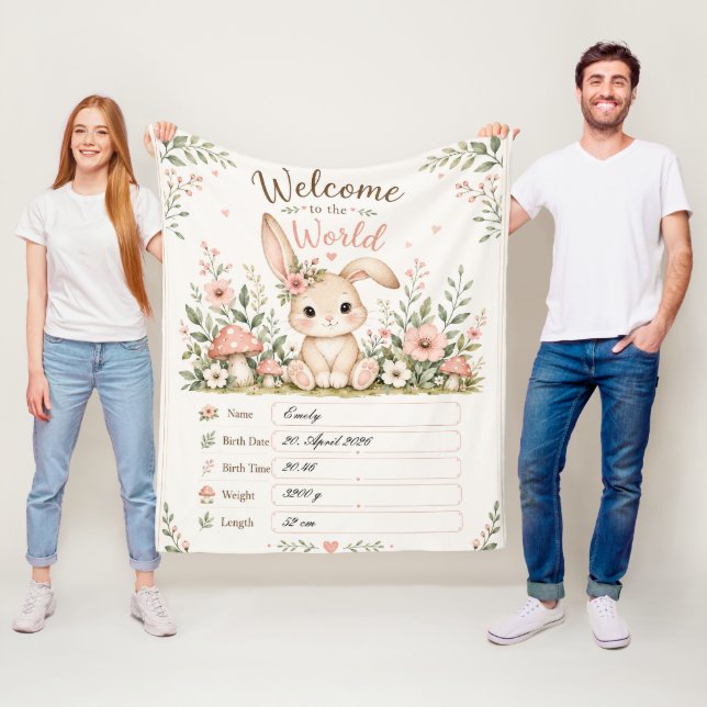 Süßes Baby Hasen Design mit Geburtsdaten Feldern Fleecefilt (På plats)