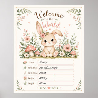Süßes Baby Hasen Design mit Geburtsdaten Feldern Poster