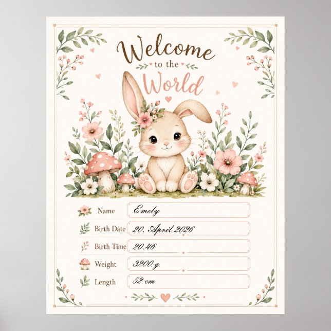 Süßes Baby Hasen Design mit Geburtsdaten Feldern Poster (Framsidan)