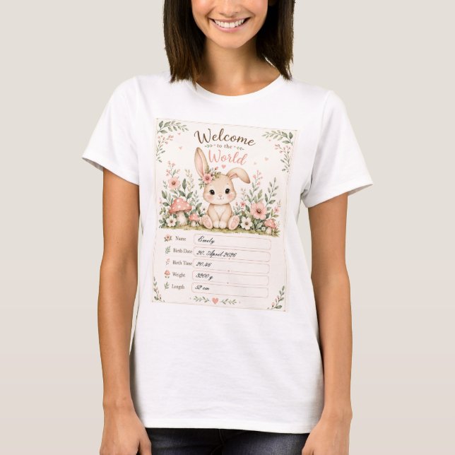 Süßes Baby Hasen Design mit Geburtsdaten Feldern T Shirt (Framsida)