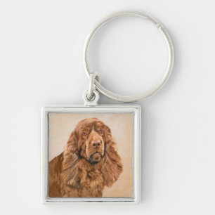 Sussex Spain Painting - Cute Original Hund Art Fyrkantig Silverfärgad Nyckelring