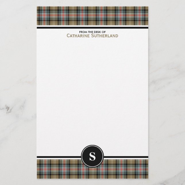 Sutherland Klan Ancient Tartan Tan Play Monogram Brevpapper (Framsida)