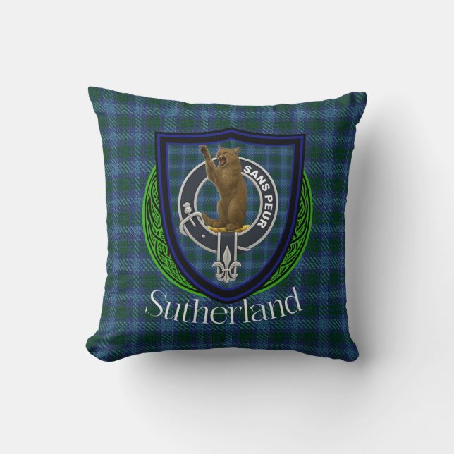 Sutherland skotskt klantartan och vapen kudde (Framsida)