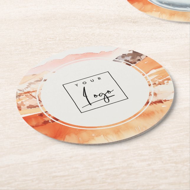 Sutle Blush Orange Akvarell Skogsberg Logo Underlägg Papper Rund (Vinklad)