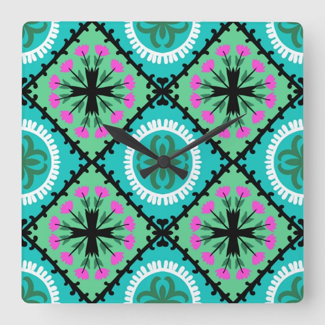Suzani Mönster med Uzbekistan och Kazakstan Motifs Fyrkantig Klocka (Framsida)