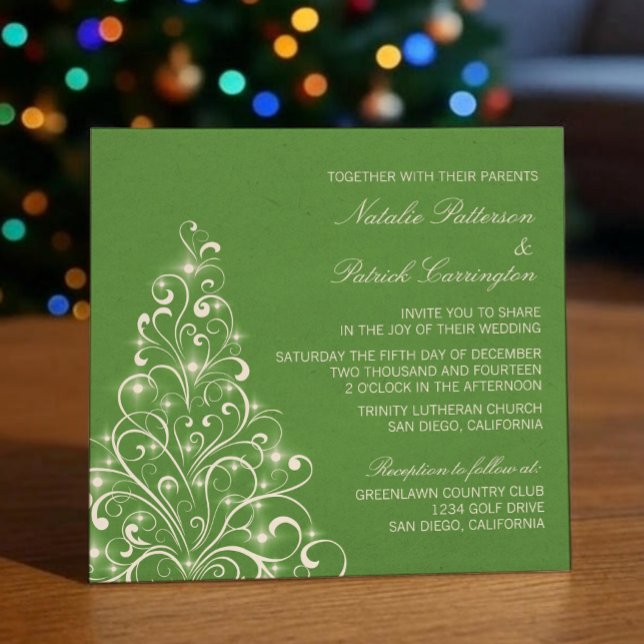 Svagt Helgdag bröllopsinbjudan, Grönt Inbjudningar (Green Sparkly Holiday Tree Wedding Invitation)
