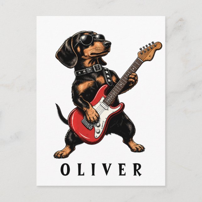 Sval Rocker Dachshund Hund Spelar Elgitarr Vykort (Framsida)