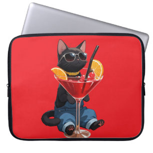 Sval svart katt i overall med röd cocktail laptop fodral