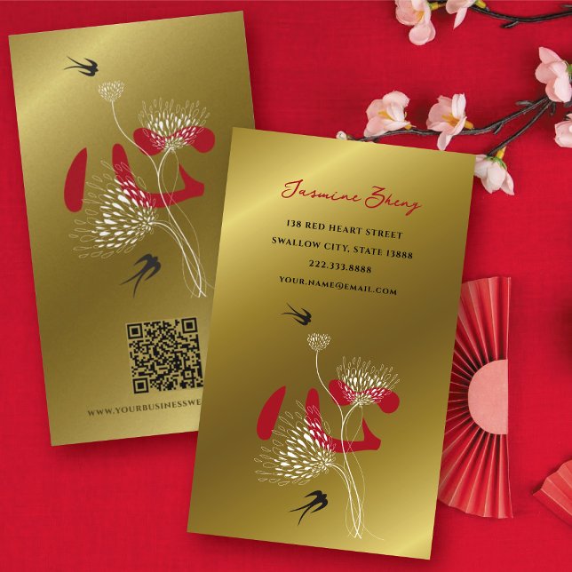 Svalfåglar & Kinesiskt hjärta Orientaliskt blommot Visitkort (Swallow Birds & Chinese Heart Oriental Floral Gold Business Card @ fat_fa_tin)