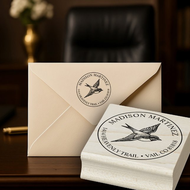 Svälj Elegant för fågelReturadress Stämpel (Classy tattoo inspired swallow address stamp with a  decorative vibe that's both classic and fresh.)