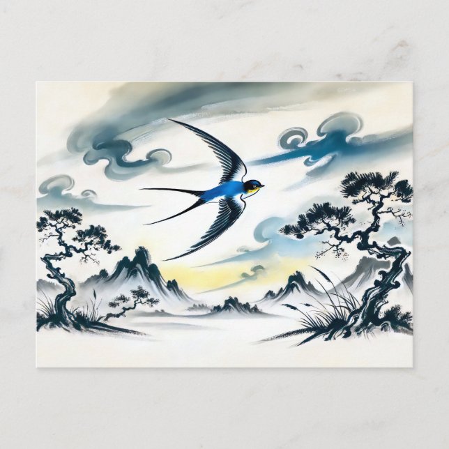 Svälj i Himmel i kinesiska Bläck Pai Vykort (Framsida)