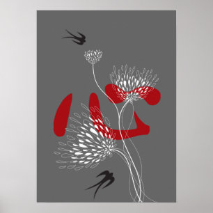 Sväljer Birds Chinese Heart Oriental Kanji Blommig Poster