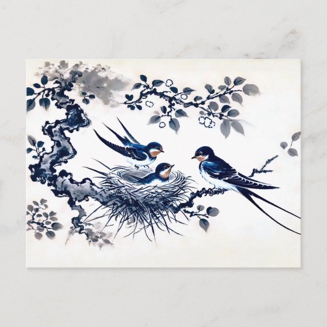 Sväljer Matande ungdom i Nest i kinesiska Bläck Vykort (Framsida)