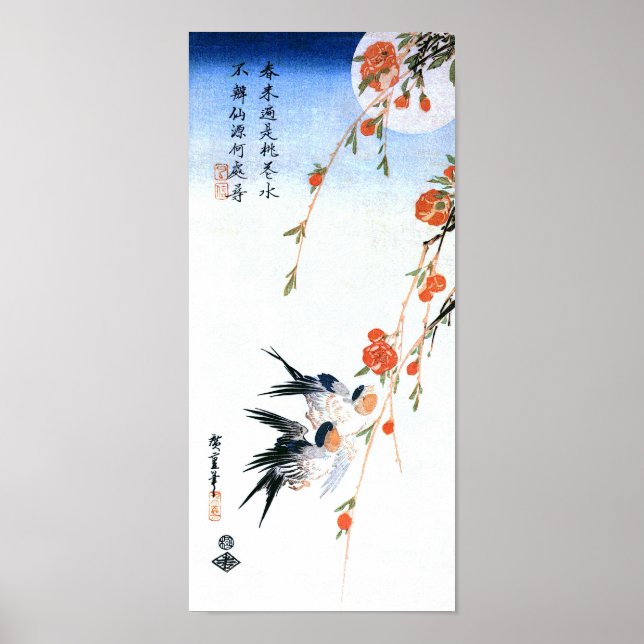 Sväljer och persiko-Blommar, Hiroshige japansk Bra Poster (Framsidan)