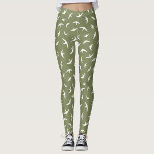 Sväljer och växlar Grönt Vitfågelutskrift Leggings