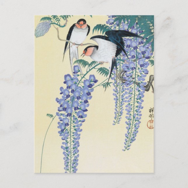 Sväljer och Wisteria av Ohara Koson Vykort (Framsida)