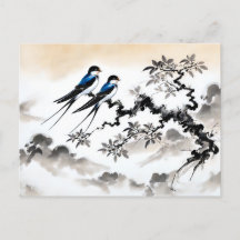 Sväljer Perched på Gren i kinesiska Bläck Painti