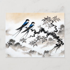 Sväljer Perched på Gren i kinesiska Bläck Painti Vykort