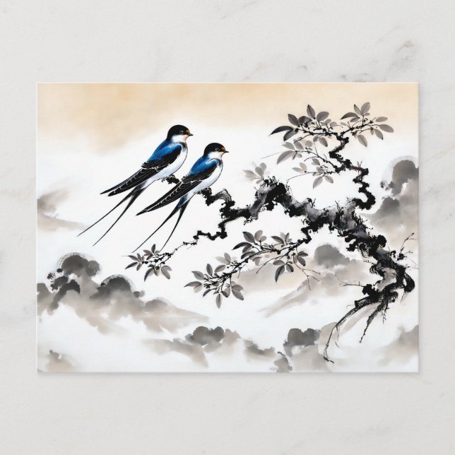 Sväljer Perched på Gren i kinesiska Bläck Painti Vykort (Framsida)