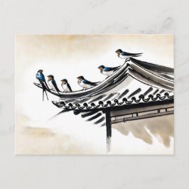 Sväljer Resten på Tak i ett kinesiskt Temple Vykort