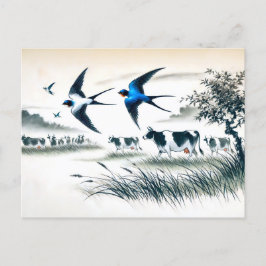 Sväljer som flyger över en boskap Fält i kinesiska Vykort